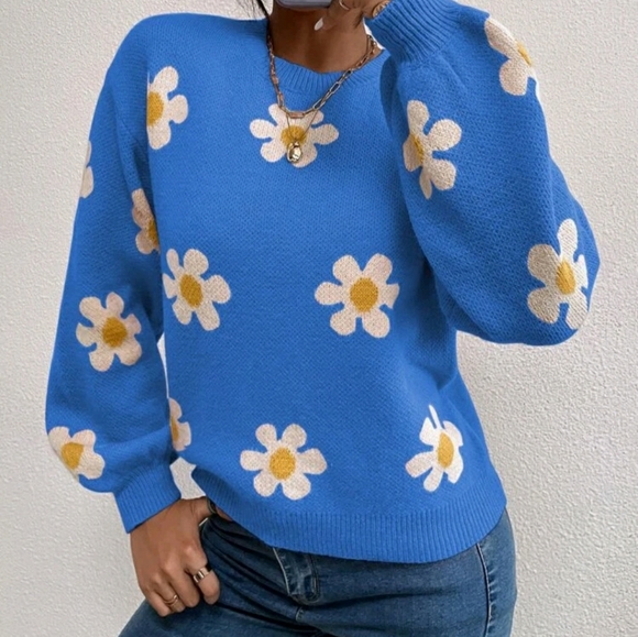 Floral Pattern Drop Shoulder Sweater Blouse - Picture 3 of 7